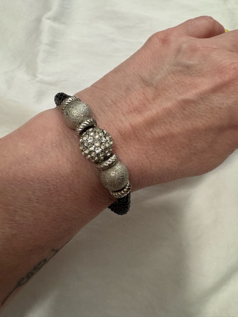 Black Faceted Bead Bypass Bracelet with Silver Pavé Crystal Stations